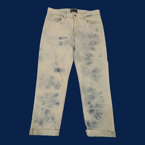 GAP SZ 6/28 BOYFRIEND Raw Hem Tie Dye Bleached Mid Rise Crop Stretch Jean - Picture 1 of 10
